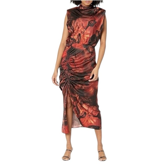 All Saints Isa Midi Dress - Sleeveless Silk Deep Rust Red Claudia Print - Size 2 - Picture 3 of 14